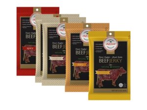 Multiple bags of Aufschnitts beef jerky.