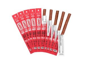 Fanned out Chomps Beef Sticks. Some of the sticks on the right hand side of the image are open.