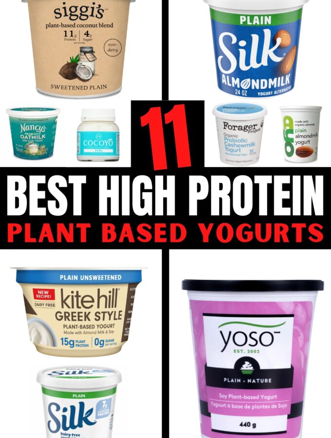 A compilation of a variety of different kinds of plant based yogurts.