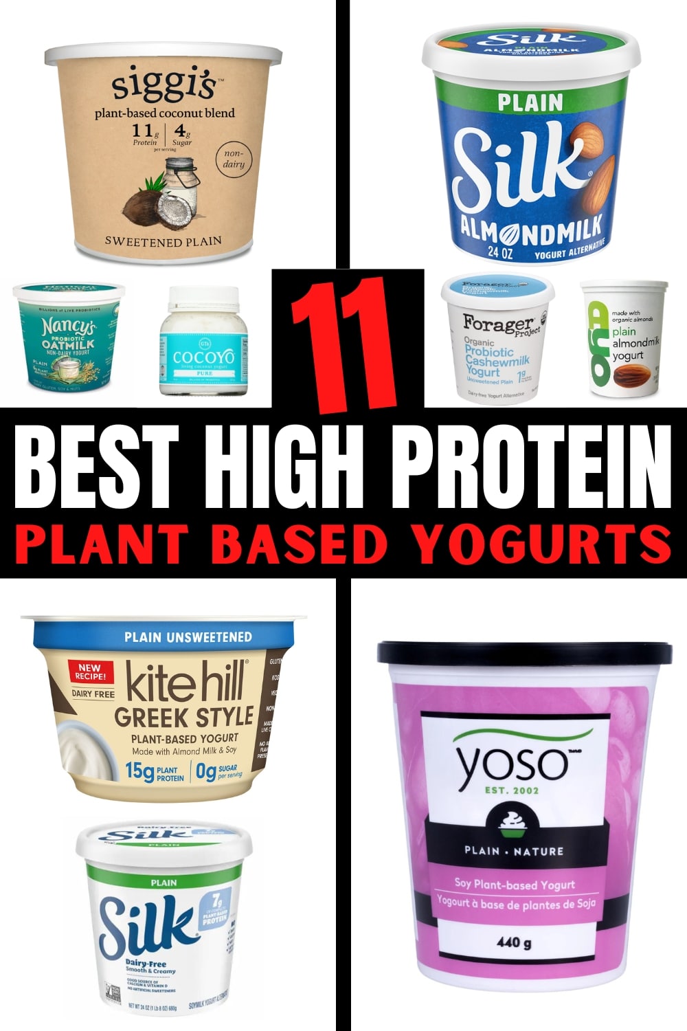 A compilation of a variety of different kinds of plant based yogurts.