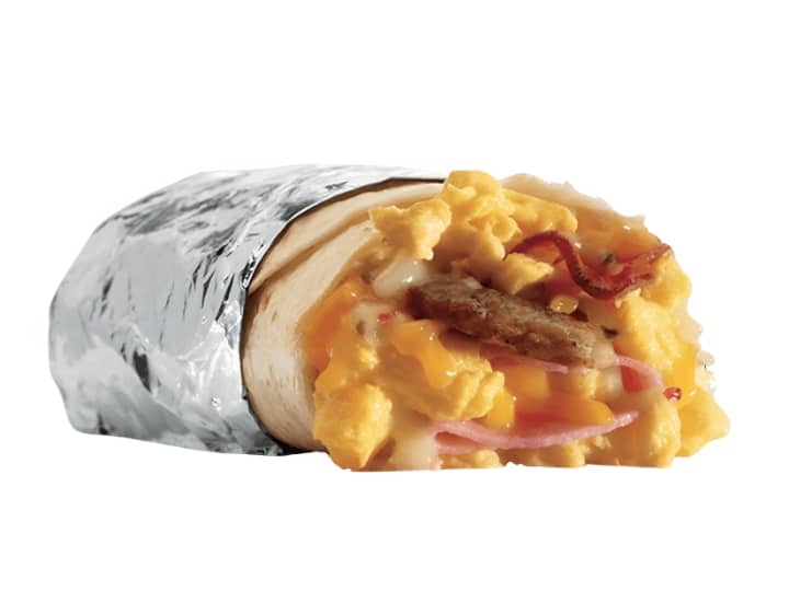 A breakfast burrito packed with eggs, cheese, and bacon.