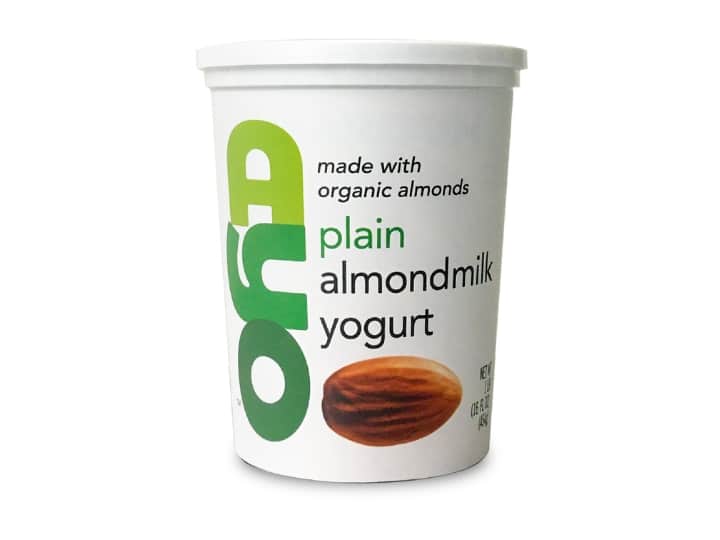 A container of AYO almond milk yogurt.