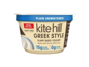 A container of Kite Hill's Greek style plant based yogurt.