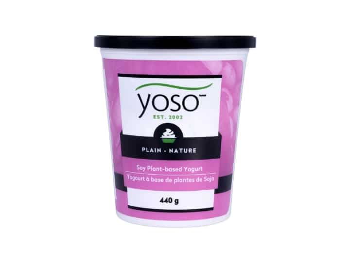 A container of plant based Yoso yogurt.