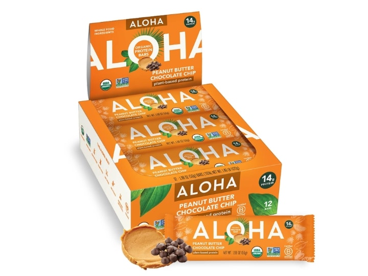 A box of ALOHA protein bars inside of their packaging.