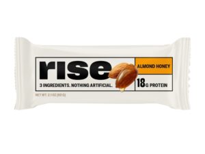 A RISE protein bar inside of its packaging.