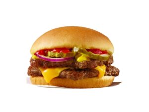 A double hamburger with cheese, ketchup, onion, and pickles.