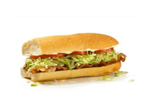 A sub with lettuce, tomato, bacon, and mayo.