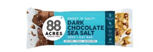 An individual 88 Acres dark chocolate sea salt granola bar on a white background.