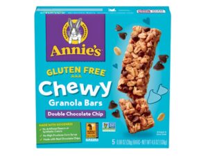 A box of Annie's Chewy double chocolate chip granola bars on a white background.