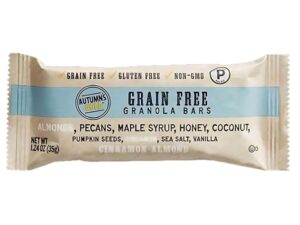 An individual Autumn's Gold cinnamon almond granola bar on a white background.