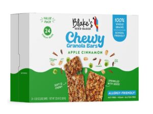 A box of Blake's Seed-Based chewy apple cinnamon granola bars on a white background.