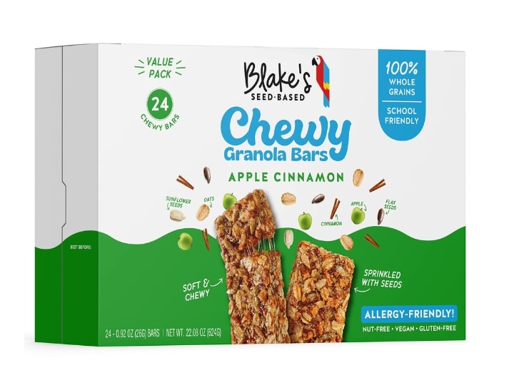 A box of Blake's Seed-Based chewy apple cinnamon granola bars on a white background.