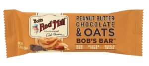 An individual Bob's Red Mill peanut butter chocolate and oats granola bar on a white background.
