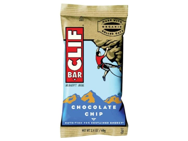 An individual chocolate chip Clif bar on a white background.