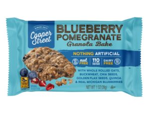 An individual Cooper Street Blueberry Pomegranate granola bar on a white background