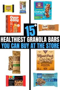 Several different photos of granola bars on a white background. There is text on a black background that reads "15+ Healthiest Granola Bars You Can Buy at the Store".