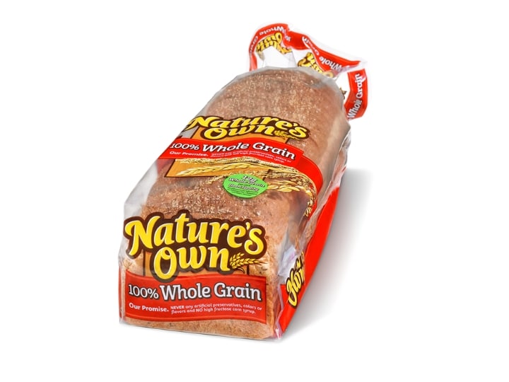 A bag of Nature's Own 100% whole grain bread