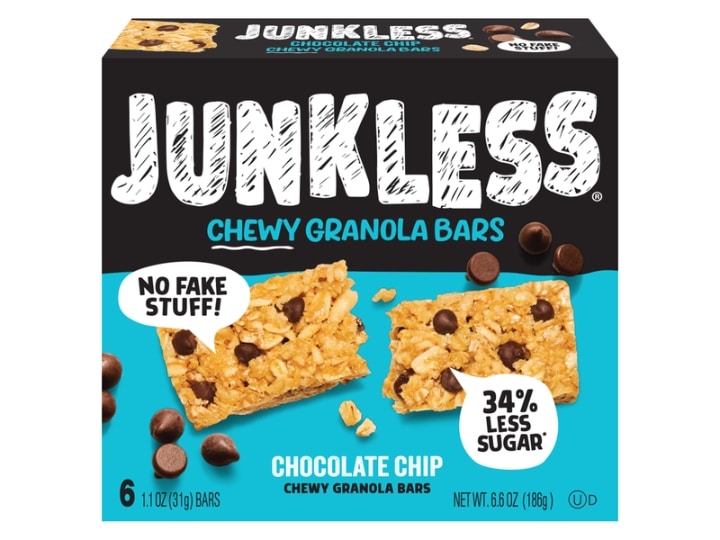 A box of Junkless Chewy granola bars in chocolate chip on a white background.