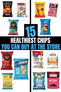 Several different photos of healthy chips on a white background. There is text on a black background that reads "15 Healthiest Chips You Can Buy at the Store".