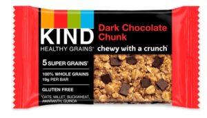 An individual Kind Dark Chocolate Chunk granola bar on a white background.