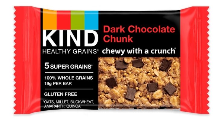 An individual Kind Dark Chocolate Chunk granola bar on a white background.