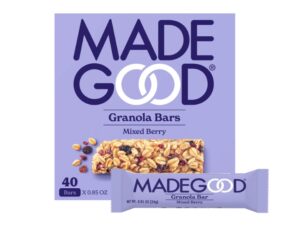 A box of Made Good mixed berry granola bars on a white background. There is an individual bar in front of the box.