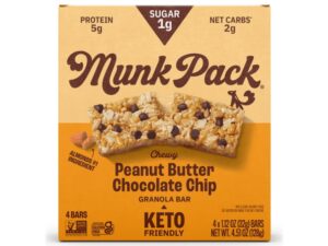 A box of Munk Pack peanut butter chocolate chip granola bars on a white background.