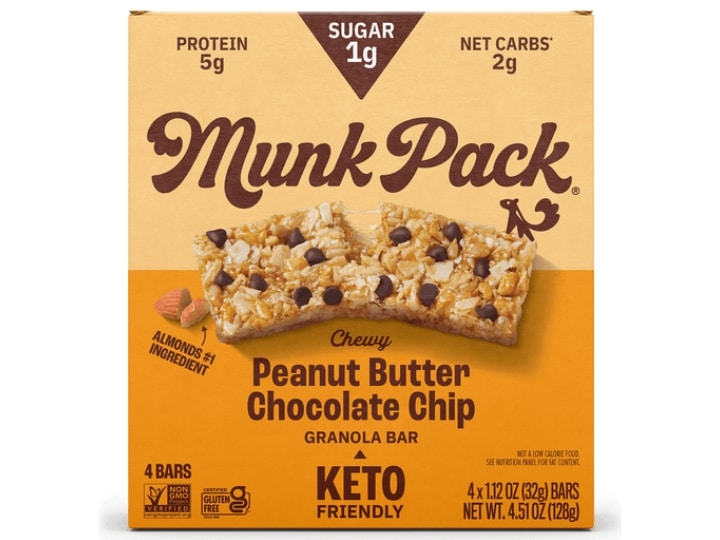 A box of Munk Pack peanut butter chocolate chip granola bars on a white background.