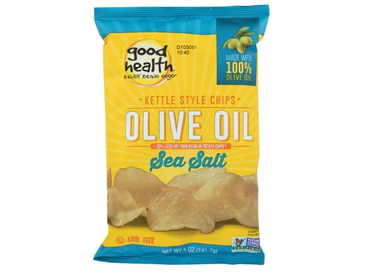 An image of a bag Good Health Kettle Style chips with sea salt on a white background