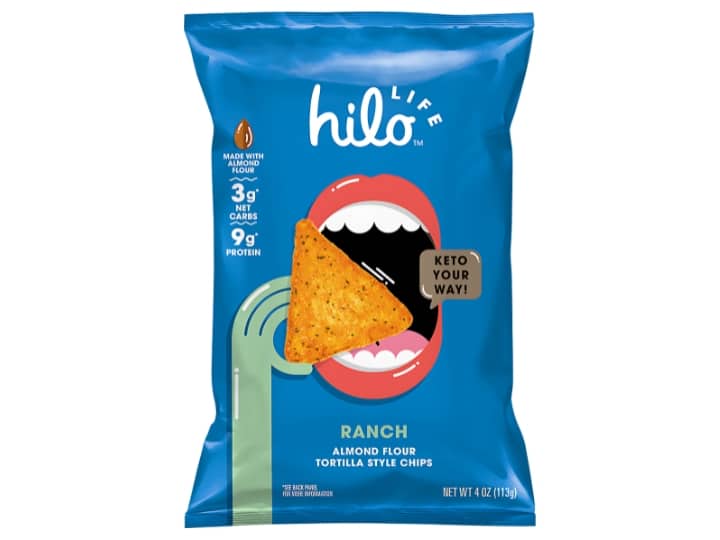 An image of a bag of Hilo Life Ranch Tortilla Chips on a white background.