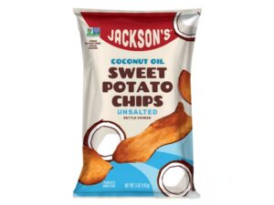 An image of a bag of Jackson's Unsalted Sweet Potato Chips on a white background.