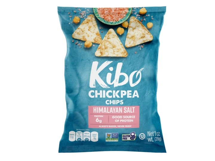 An image of a bag of Kibo Chickpea Chips with Himalayan Salt on a white background.