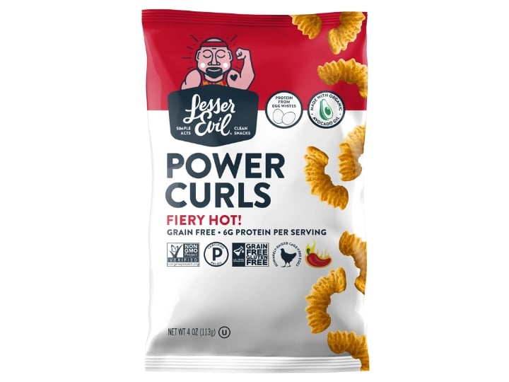 An image of a bag of Lesser Evil's Fire Hot Power Curls on a white background.