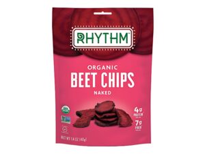 An image of a bag of Rhythm Naked Organic Beet Chips on a white background.