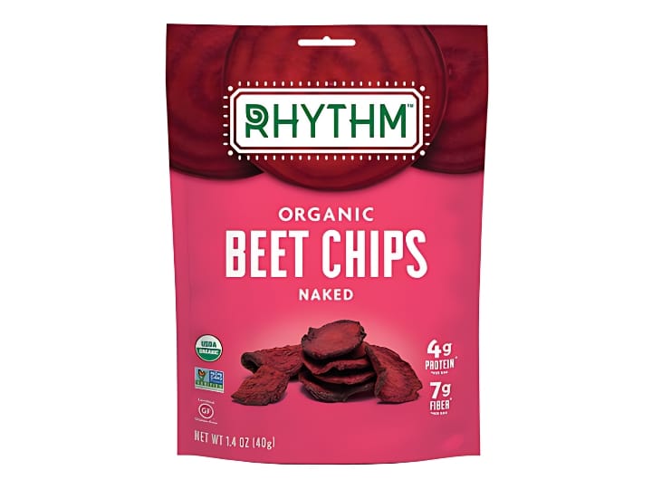 An image of a bag of Rhythm Naked Organic Beet Chips on a white background.
