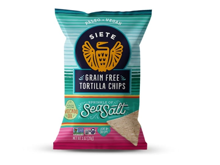 An image of a bag of Siete Grain Free Tortilla Chips with Sea Salt on a white background.