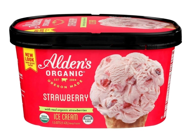 An image of a carton of Alden's Organic Strawberry ice cream on a white background.