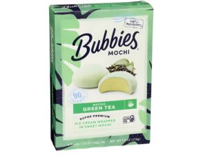 An image of a box of Bubbies Matcha Green Tea Mochi on a white background.