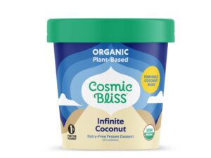 An image of a pint of Cosmic Bliss's Infinite Coconute dairy free frozen dessert on a white background.