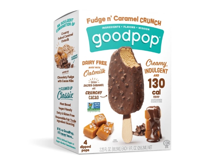 An image of a box of Goodpop's Fudge n' Caramel Crunch dairy free bars on a white background.