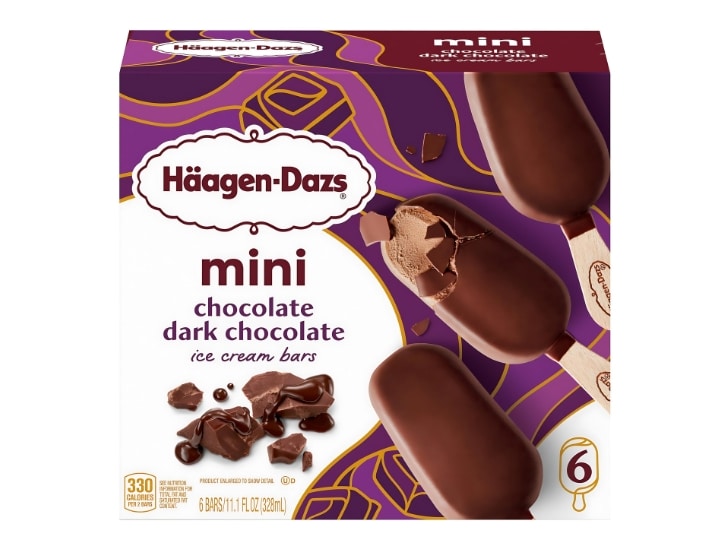 An image of a box of Haagen-Dazs's mini dark chocolate ice cream bars on a white background.