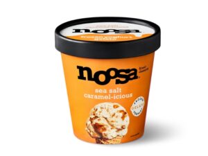 An image of a pint of Noosa's Seal Salt Caramel-icious frozen yogurt on a white background.