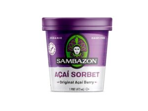 An image of a pint of Sambazon's Acai sorbet on a white background.