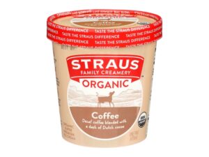 An image of a pint of Straus Family Creamery's organic Coffee ice cream on a white background.