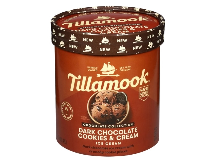 An image of Tillamook's Dark Chocolate Cookies and Cream ice cream on a white background.