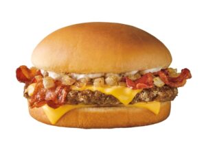 A garlic butter bacon cheeseburger on a white background.