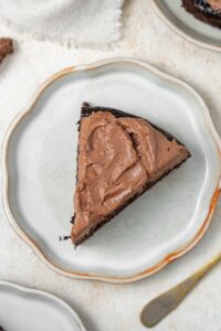 A slice of chocolate cake covered in chocolate frosting on a plate.