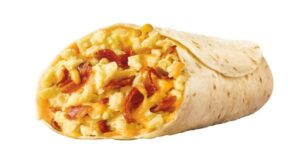A Sonic bacon breakfast burrito on a white background.