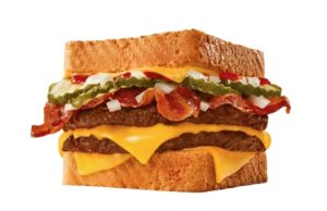 A Sonic cheesy bacon supersonic stack on a white background.